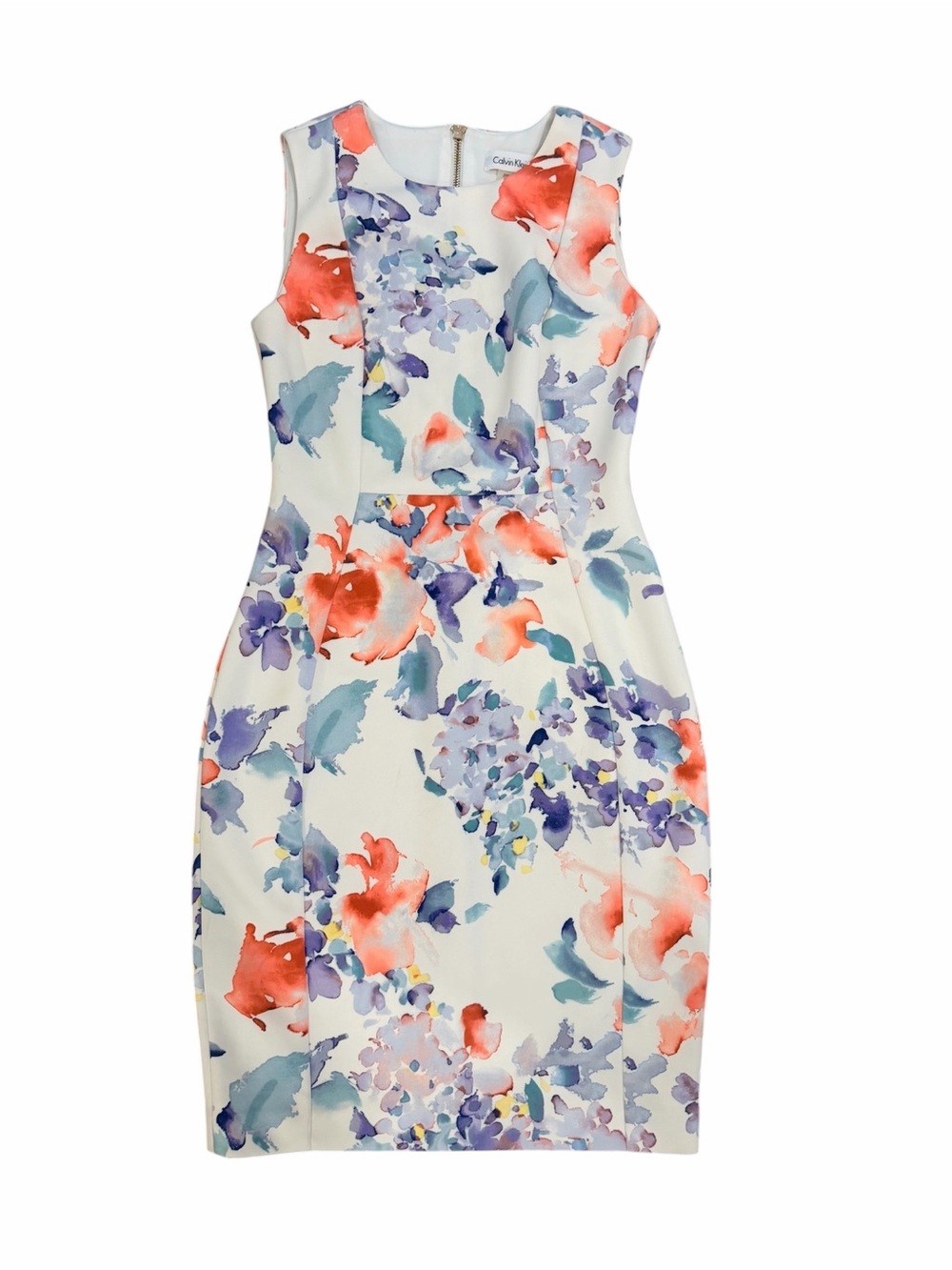 Calvin Klein White Midi Dress with Coral and Lavender Watercolor Florals